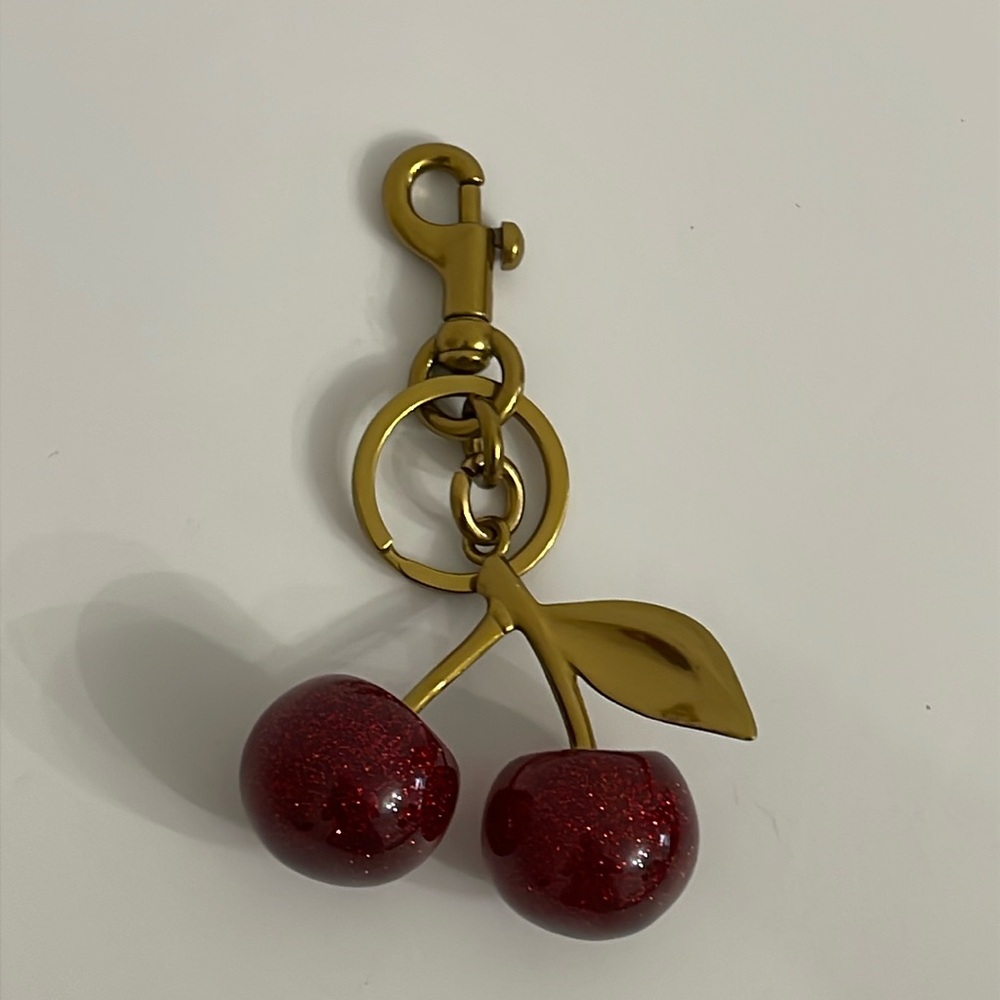Cherry Resin Bag Charm Key Chain Fob Glitter Red with Brass Tone Hardware